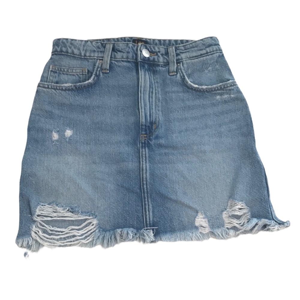 Lee Vintage Modern Distressed High Waisted Denim Mini Skirt Light Wash Blue 26
